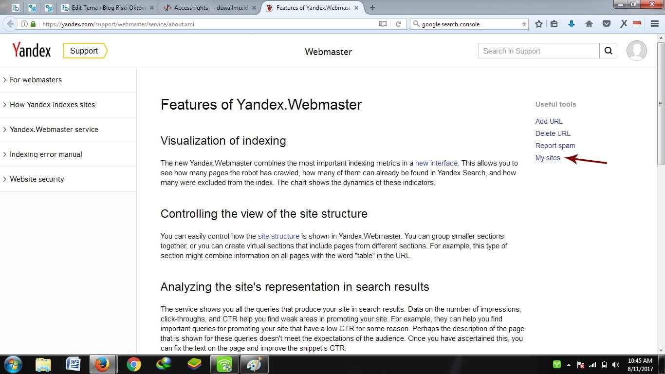 my sites yandex webmaster