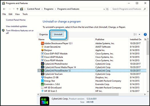 uninstal program windows 10