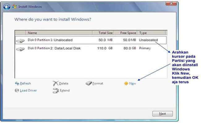 Cara Instal Ulang Windows 7 Dengan CD Bagian partisi baru
