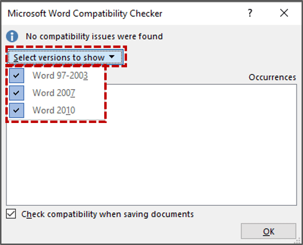 check compatibility when saving documentcs